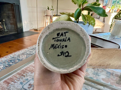 Tonala Mexican Folk Art Cylinder Vase — Signed CAT, 312, Hand - Painted Floral - Loom Vintage