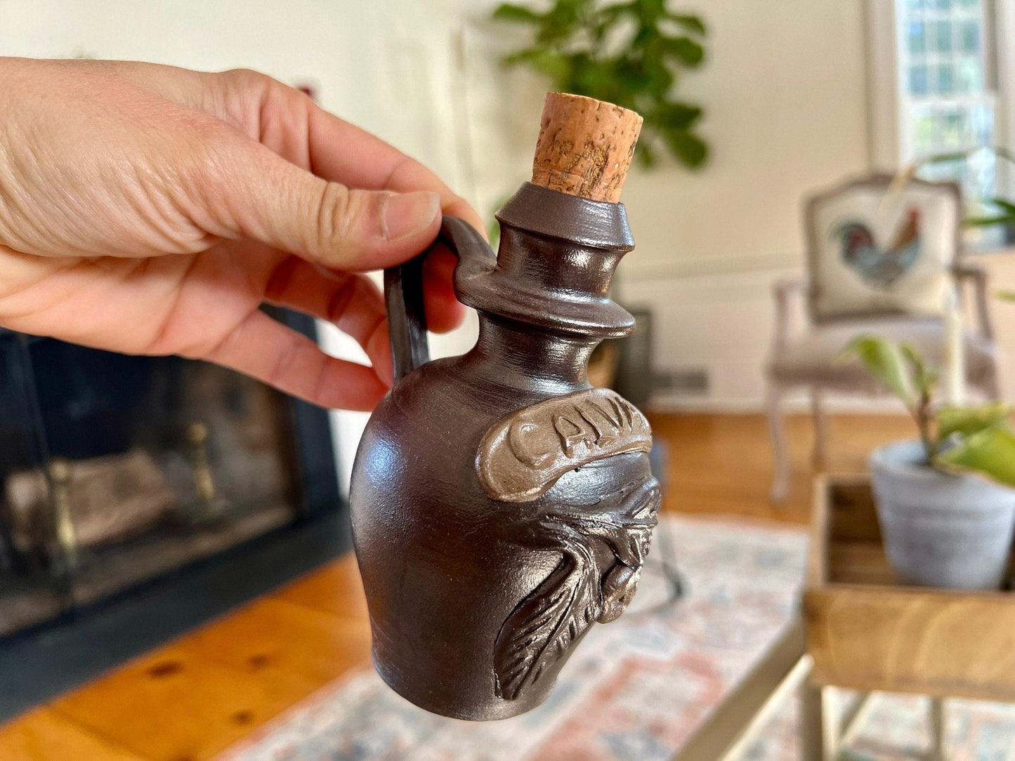 Turgis Calvados Stoneware Brandy Jug — Cork Top, Normandy France, 4.5"H, French Folk Pottery - Loom Vintage