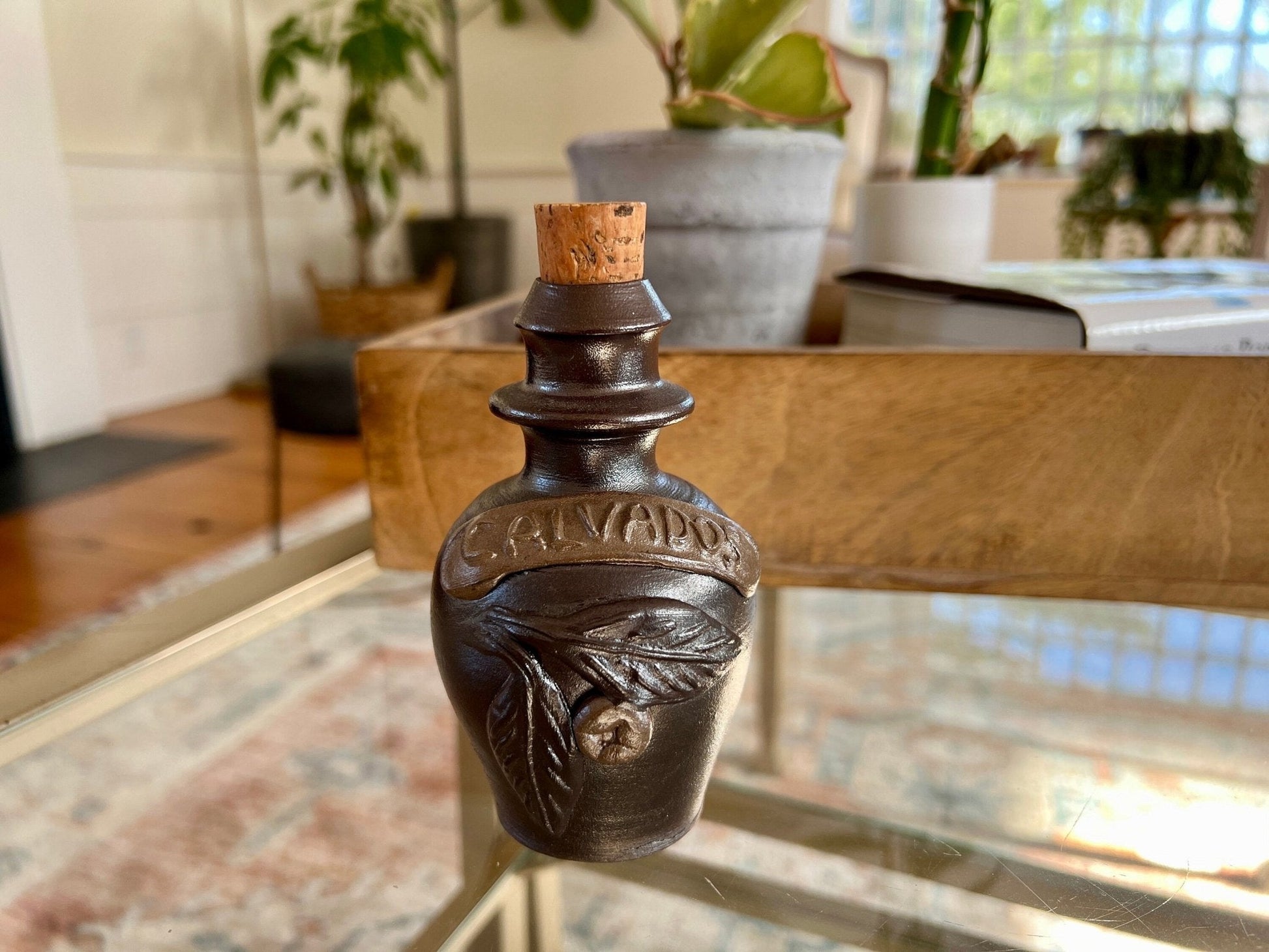Turgis Calvados Stoneware Brandy Jug — Cork Top, Normandy France, 4.5"H, French Folk Pottery - Loom Vintage
