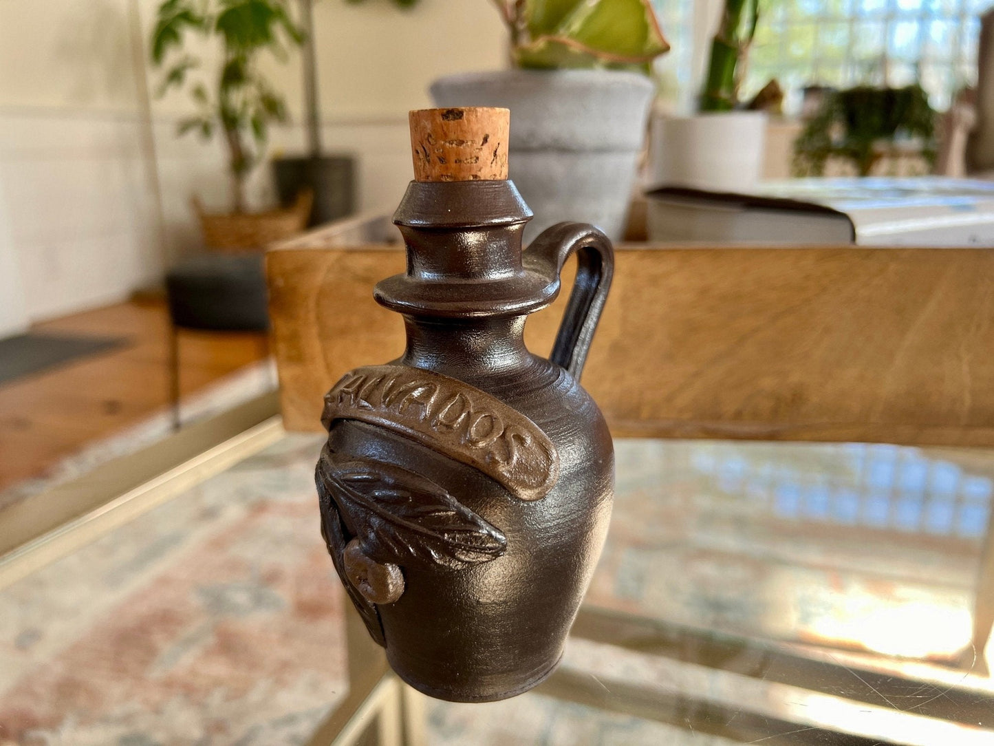 Turgis Calvados Stoneware Brandy Jug — Cork Top, Normandy France, 4.5"H, French Folk Pottery - Loom Vintage