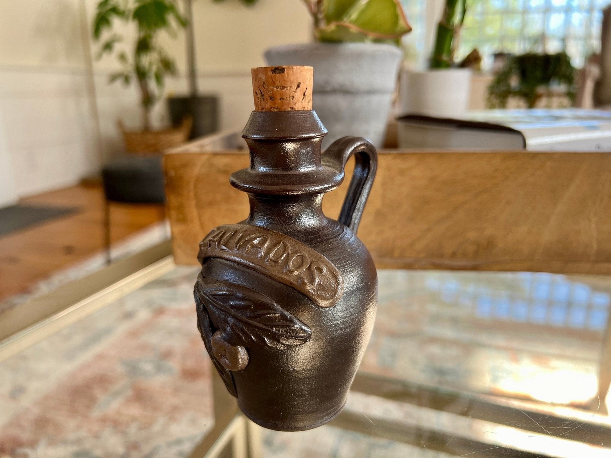Turgis Calvados Stoneware Brandy Jug — Cork Top, Normandy France, 4.5"H, French Folk Pottery - Loom Vintage