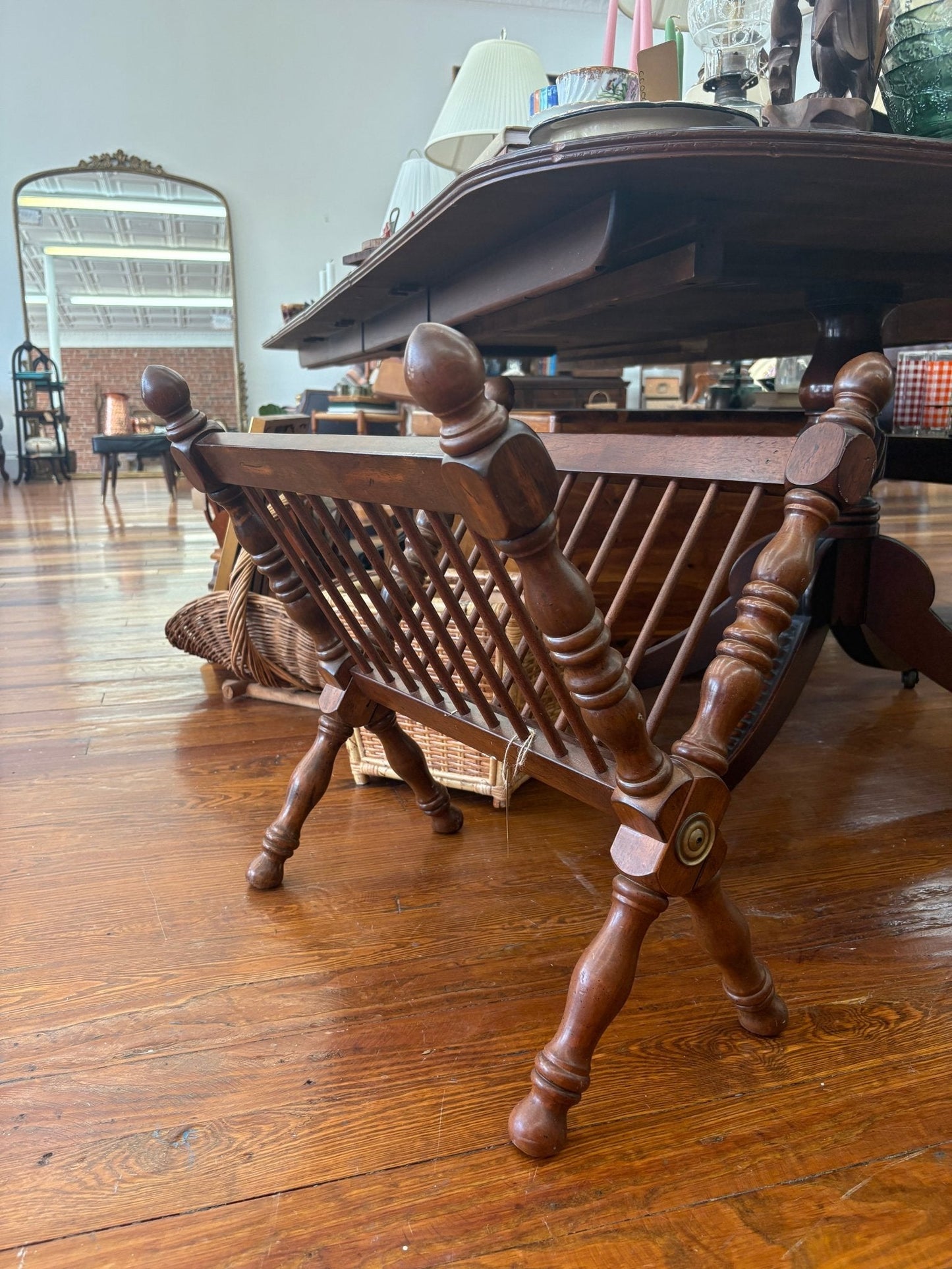 Victorian - Style Folding Wooden Magazine Rack with Turned Legs - Loom Vintage