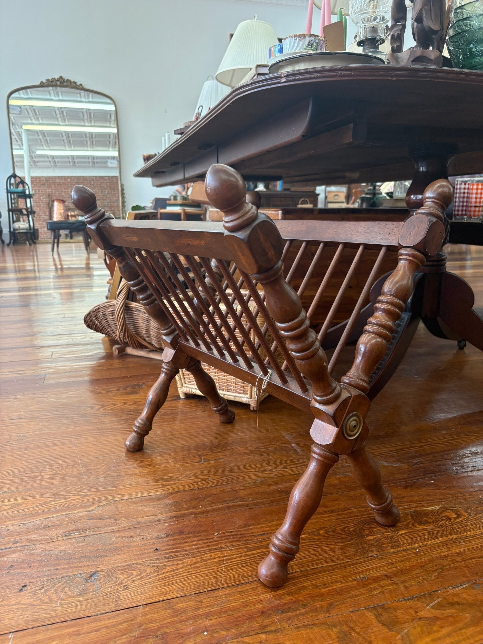 Victorian - Style Folding Wooden Magazine Rack with Turned Legs - Loom Vintage