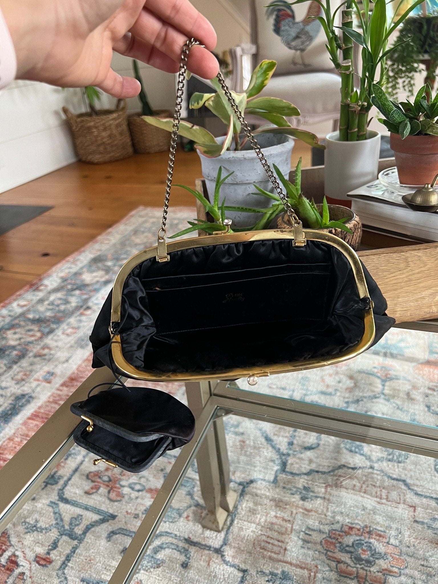Vintage 1950s - 60s Black Clutch with Coin Purse, Kiss Clasp, Evening Wear, Handbag, Purse, Hand Painted Detailing - Loom Vintage