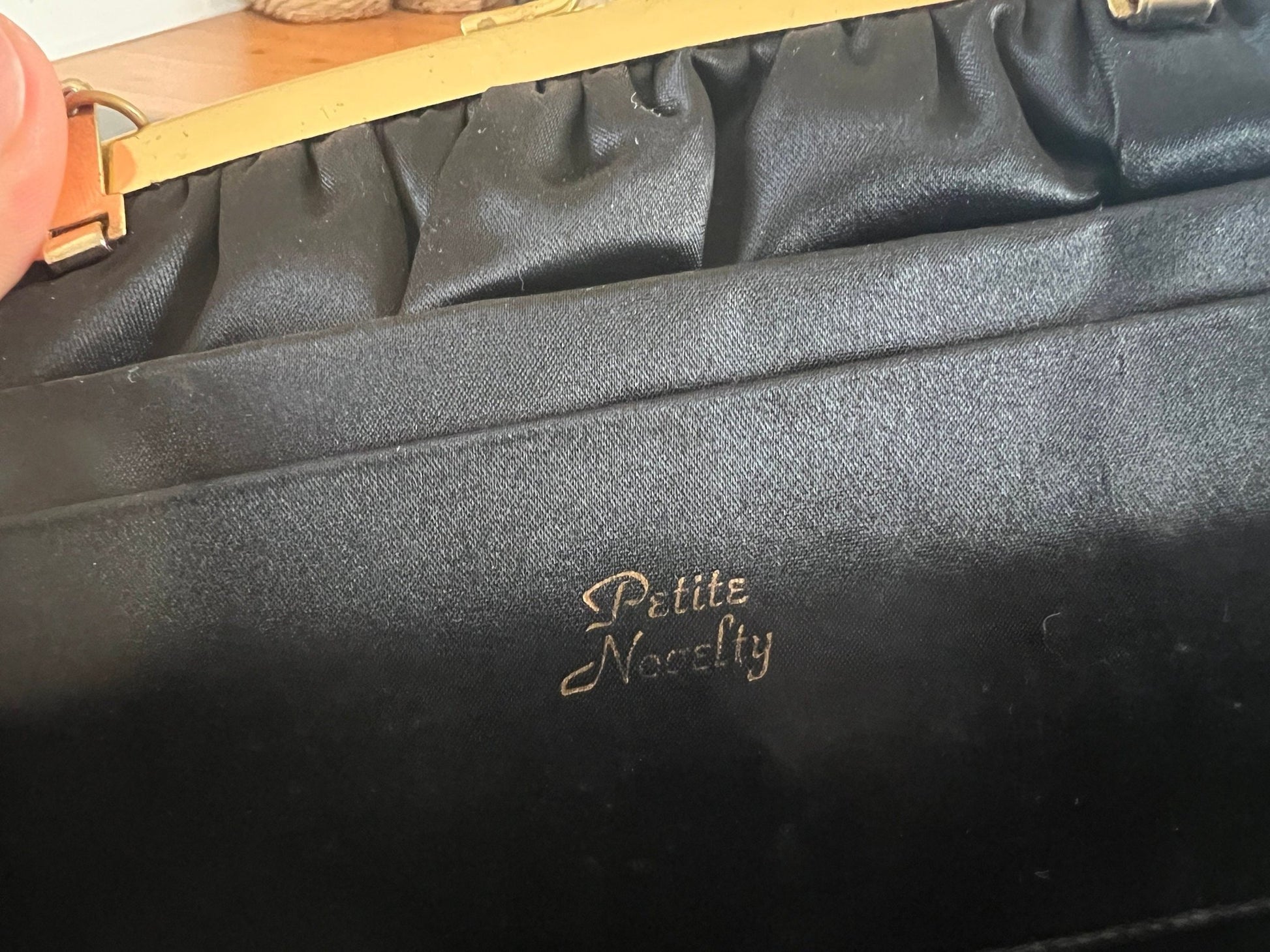 Vintage 1950s - 60s Black Clutch with Coin Purse, Kiss Clasp, Evening Wear, Handbag, Purse, Hand Painted Detailing - Loom Vintage
