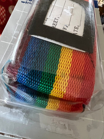 Vintage 1970s Adjustable Luggage Strap with Name Tag Holder, Rainbow Striped Strap, Luggage Carry - Ons, Cross - Body Bag Strap - Loom Vintage