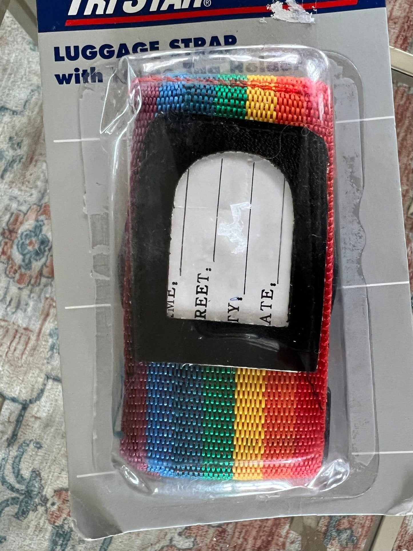 Vintage 1970s Adjustable Luggage Strap with Name Tag Holder, Rainbow Striped Strap, Luggage Carry - Ons, Cross - Body Bag Strap - Loom Vintage