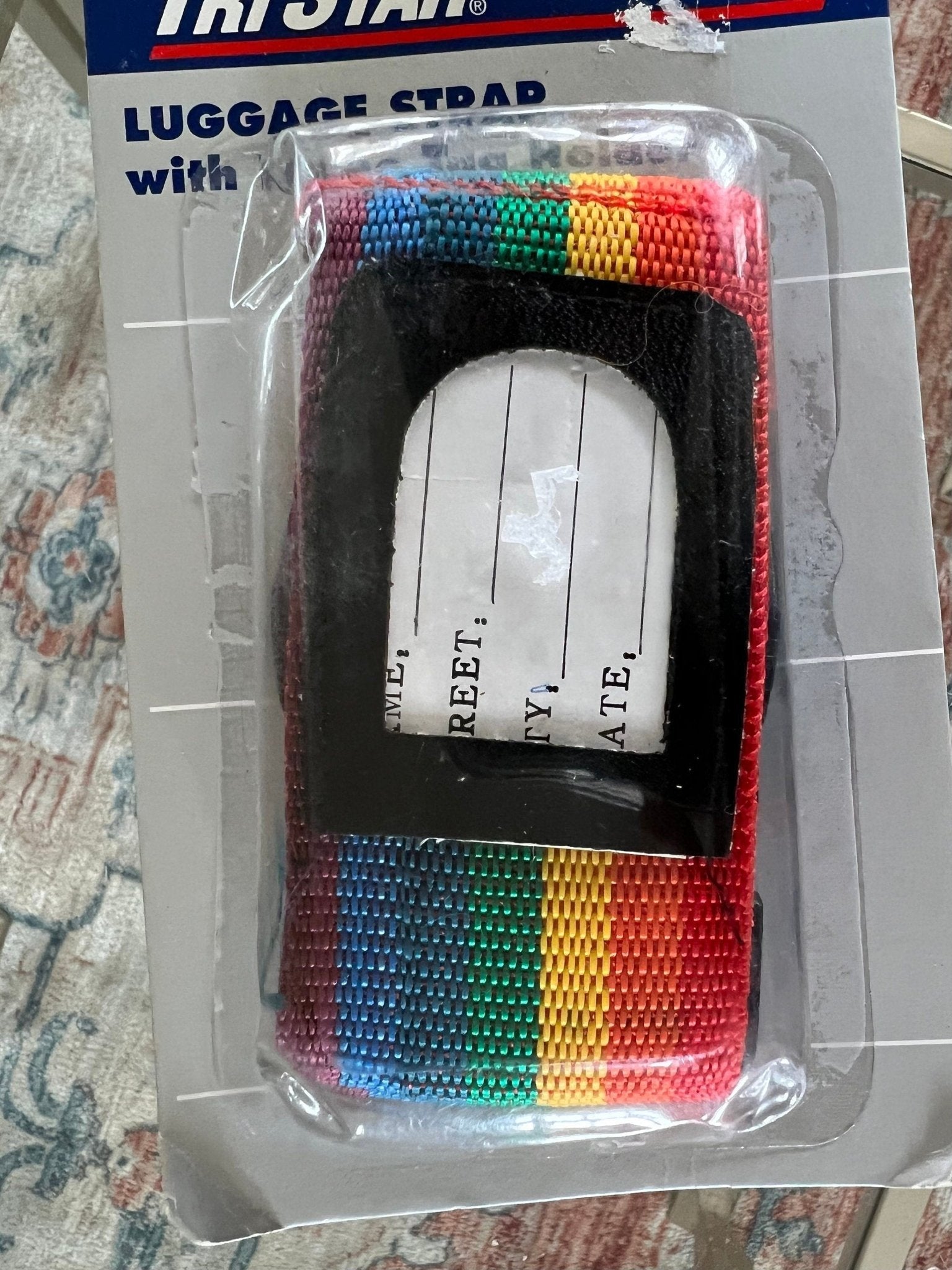 Vintage 1970s Adjustable Luggage Strap with Name Tag Holder, Rainbow Striped Strap, Luggage Carry - Ons, Cross - Body Bag Strap - Loom Vintage