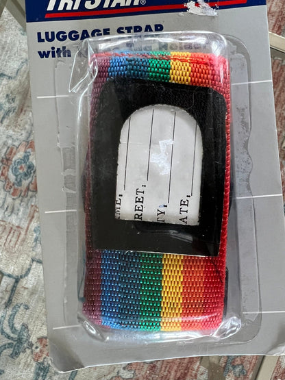 Vintage 1970s Adjustable Luggage Strap with Name Tag Holder, Rainbow Striped Strap, Luggage Carry - Ons, Cross - Body Bag Strap - Loom Vintage
