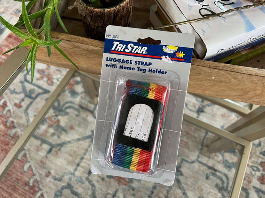 Vintage 1970s Adjustable Luggage Strap with Name Tag Holder, Rainbow Striped Strap, Luggage Carry - Ons, Cross - Body Bag Strap - Loom Vintage
