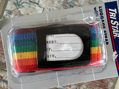 Vintage 1970s Adjustable Luggage Strap with Name Tag Holder, Rainbow Striped Strap, Luggage Carry - Ons, Cross - Body Bag Strap - Loom Vintage