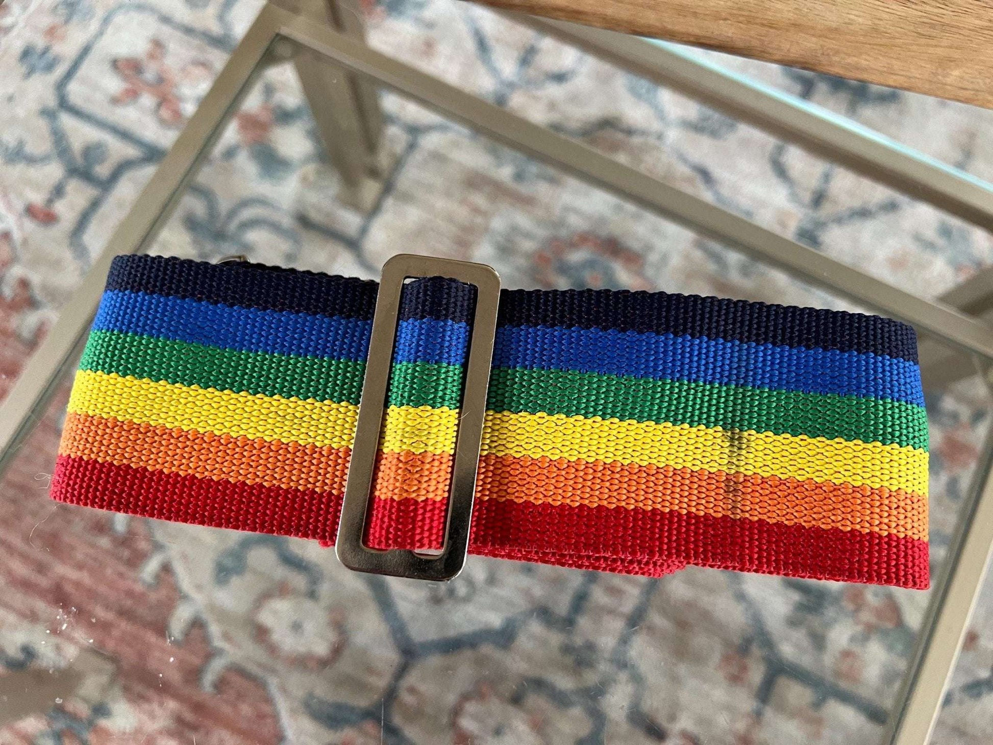Vintage 1970s American Tourister Adjustable Luggage Strap, Rainbow Striped Strap, Luggage Carry - Ons, Cross - Body Bag Strap - Loom Vintage