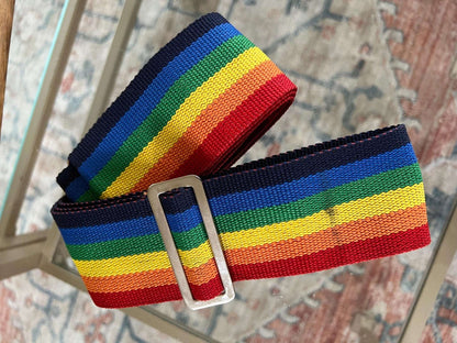 Vintage 1970s American Tourister Adjustable Luggage Strap, Rainbow Striped Strap, Luggage Carry - Ons, Cross - Body Bag Strap - Loom Vintage