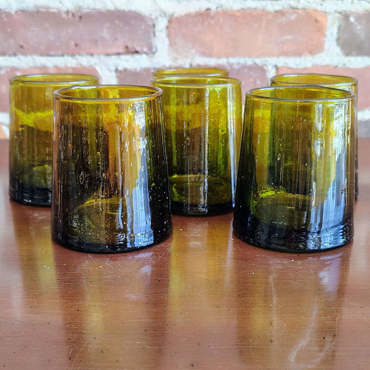 Vintage 1970s olive green hand-blown bubble glass tumblers, set of 6, photo 1 of 6