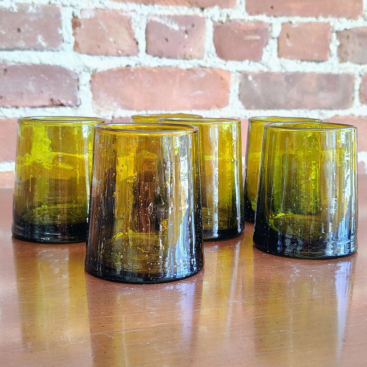 Vintage 1970s olive green hand-blown bubble glass tumblers, set of 6, photo 3 of 6