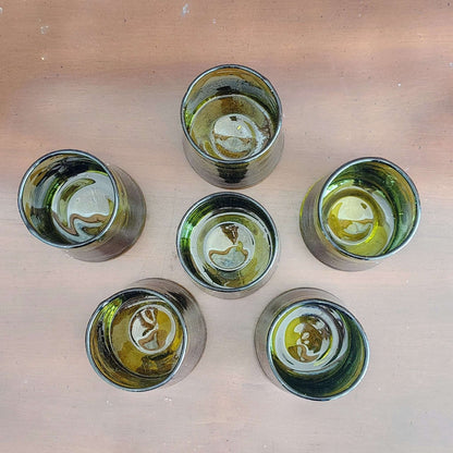Vintage 1970s olive green hand-blown bubble glass tumblers, set of 6, photo 4 of 6