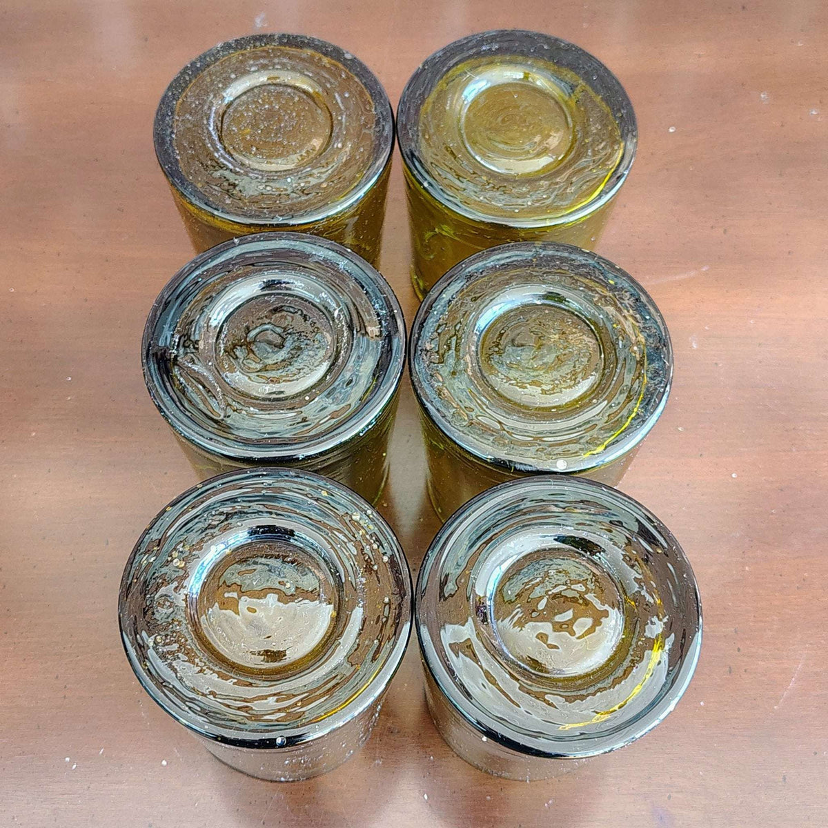 Vintage 1970s olive green hand-blown bubble glass tumblers, set of 6, photo 5 of 6