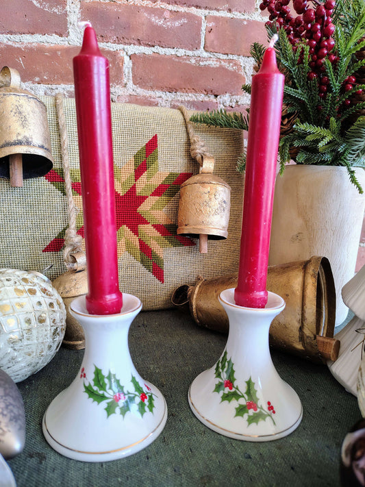 Vintage 1980s Christmas Holly Porcelain Candlestick Holders, Made in Japan, Set of 2, photo 1 of 6