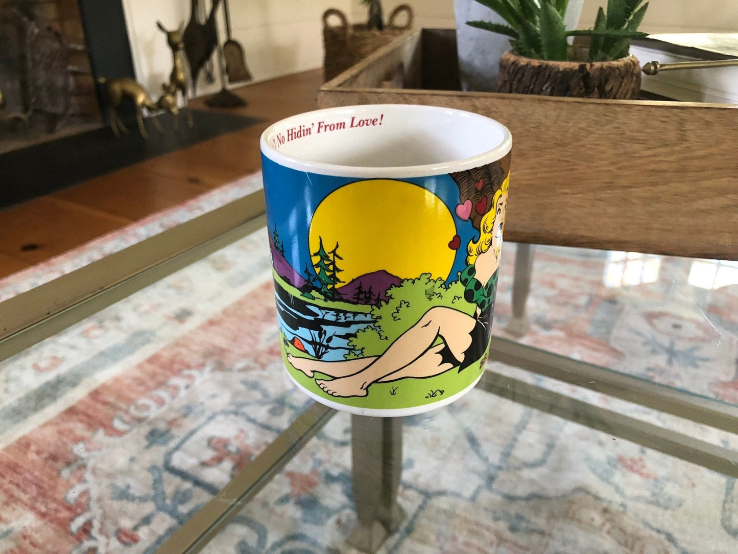 Vintage 1990 "Thar Ain't No Hidin' From Love" Coffee Mug, The Good Company, Pin Up - Comic Graphic Pop Art - Loom Vintage