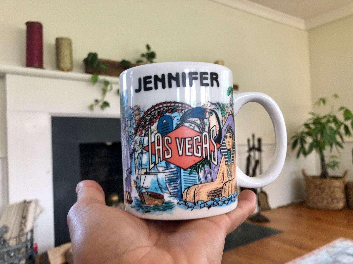 Vintage 1990s Las Vegas souvenir mug personalized Jennifer with Strip landmarks, photo 4 of 10