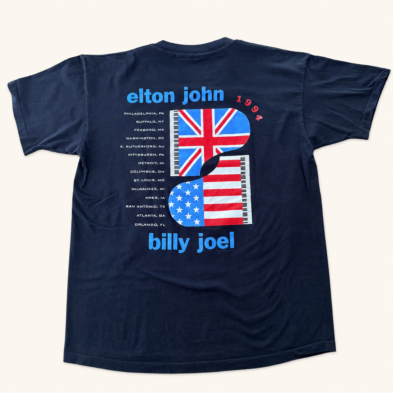 Back of 1994 Elton John Billy Joel Face to Face tee, piano-flag logo and tour date list