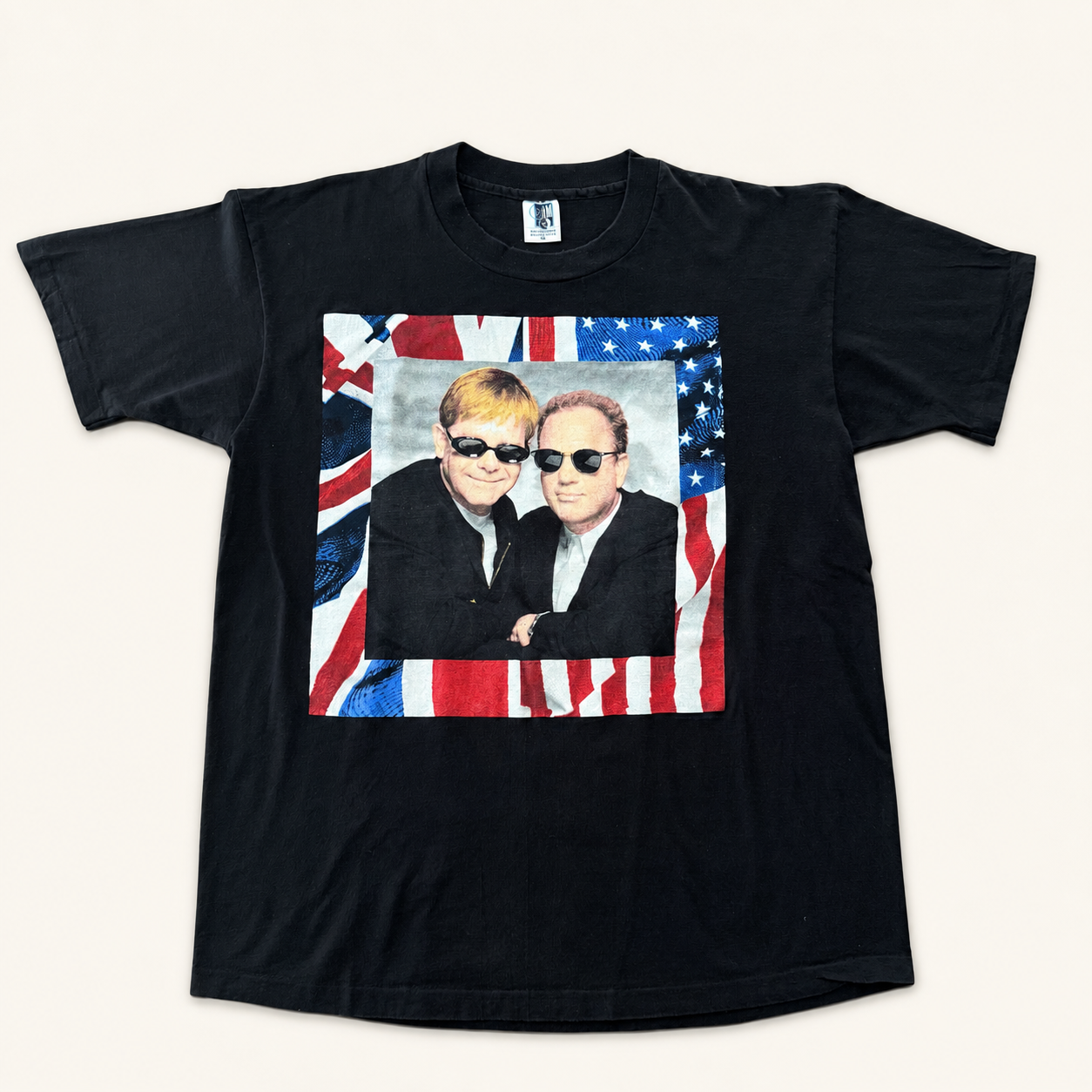 Vintage 1994 Elton John Billy Joel Face to Face tour t-shirt, black XL, front flag graphic