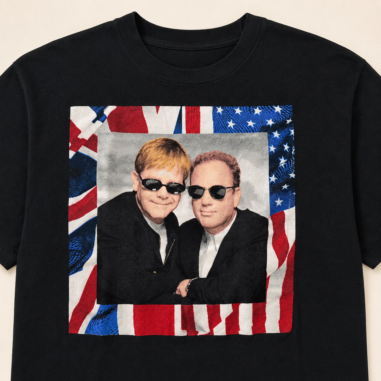 Elton John Billy Joel Face to Face 1994 tee front, framed portrait with US and UK flags
