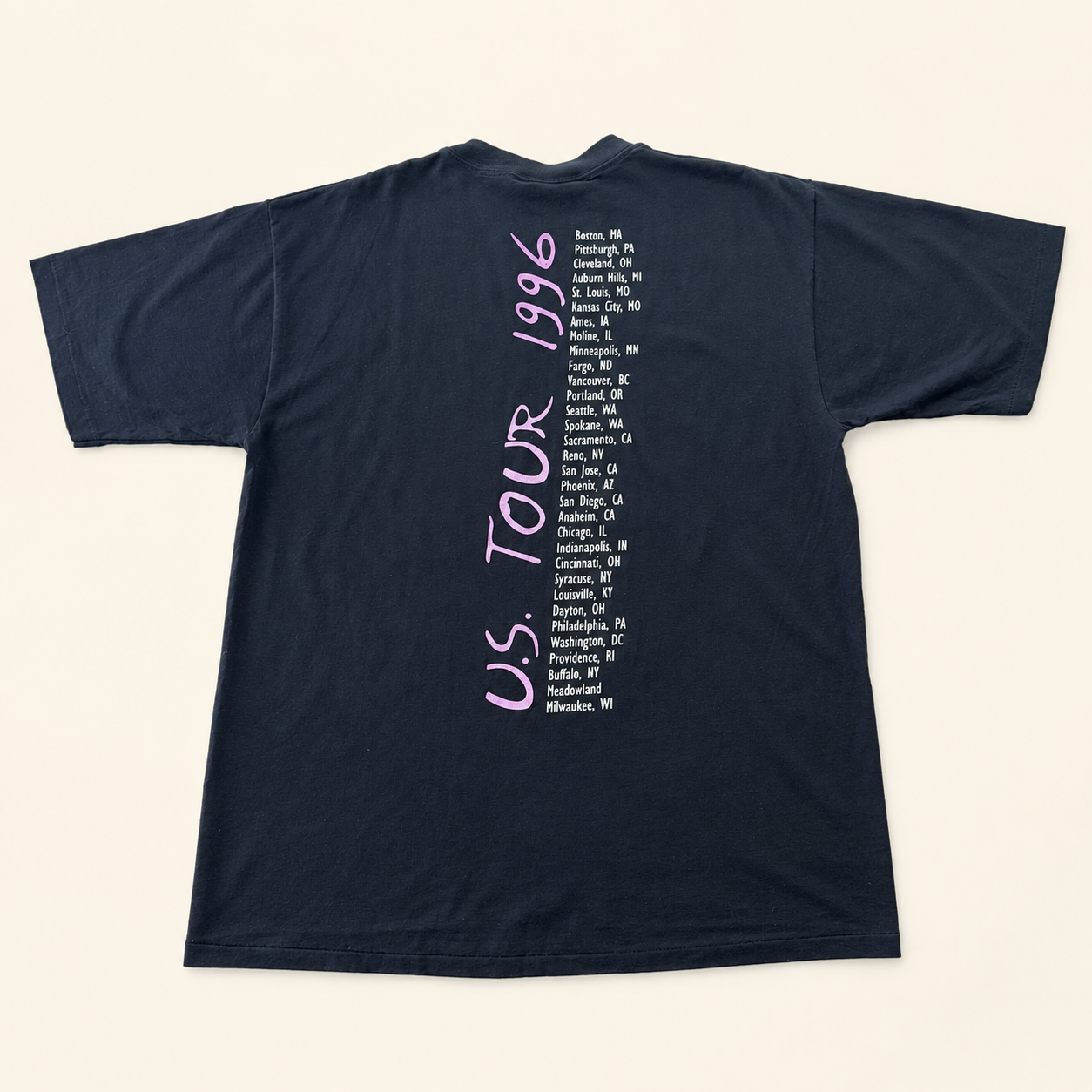 Back of 1996 Neil Diamond U.S. Tour tee, pink script tour title with full city date list