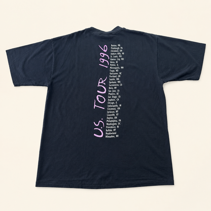Back of 1996 Neil Diamond U.S. Tour tee, pink script tour title with full city date list