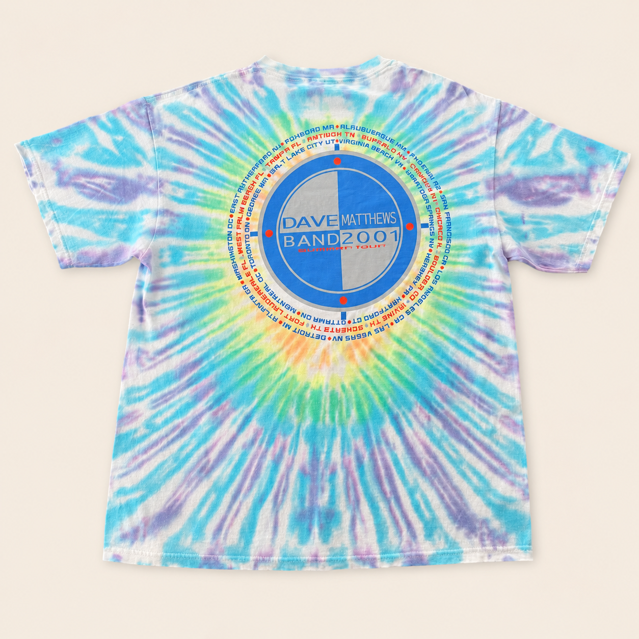 Back of 2001 Dave Matthews Band Summer Tour tie-dye tee, circular tour date wrap graphic