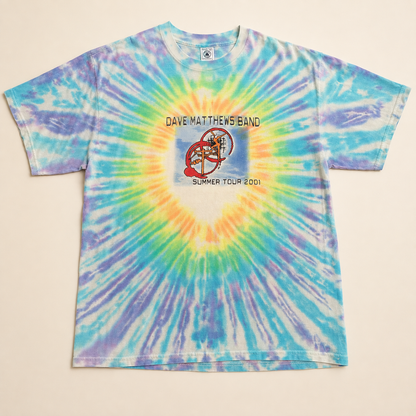 Vintage 2001 Dave Matthews Band Summer Tour tie-dye t-shirt, XL, Fire Dancer front graphic