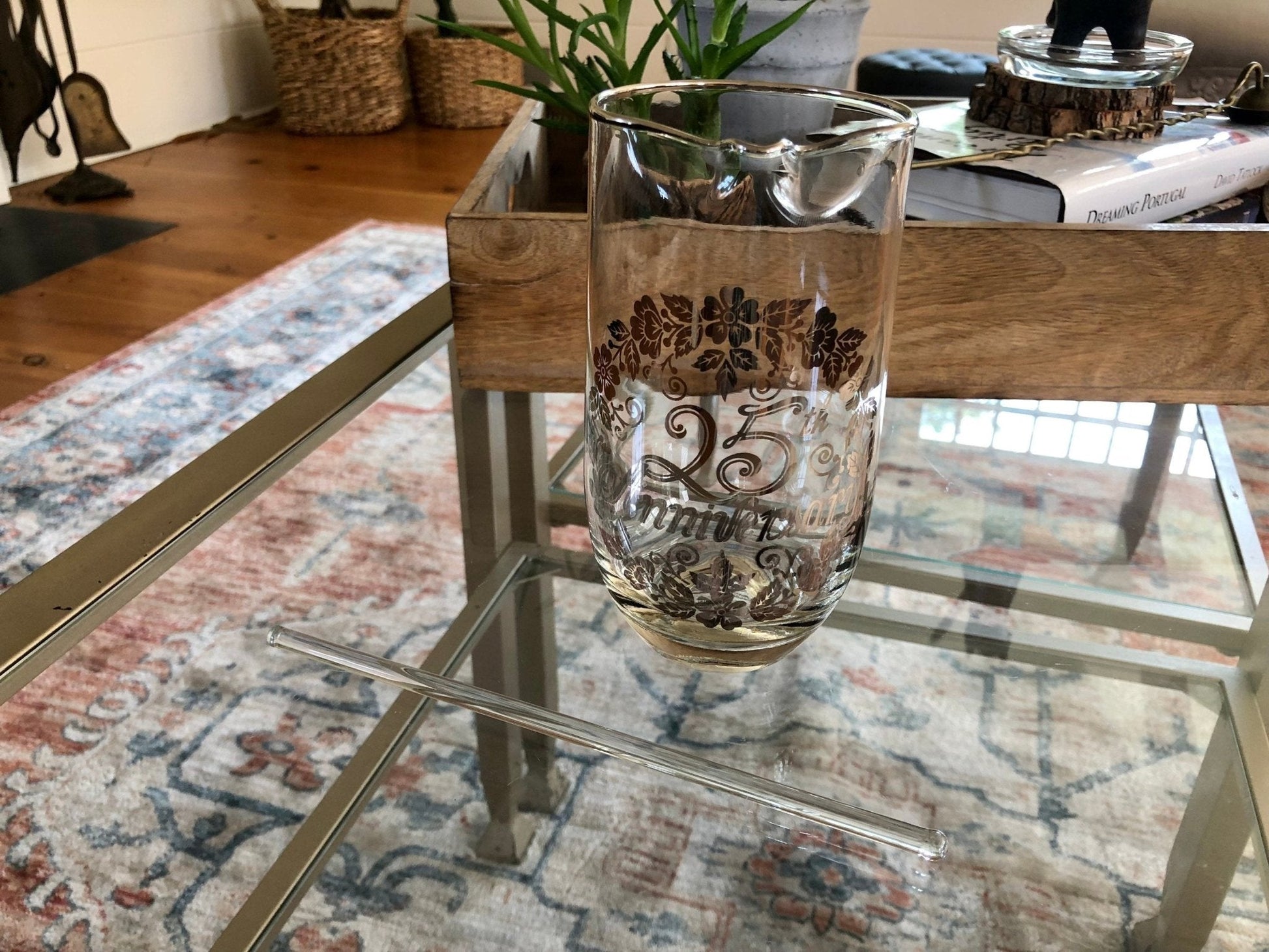 Vintage 25th Anniversary Pitcher with Silver Flower Applique, Swizzle Stick, Silver Rimmed Pitcher, Drinkware, Barware - Loom Vintage