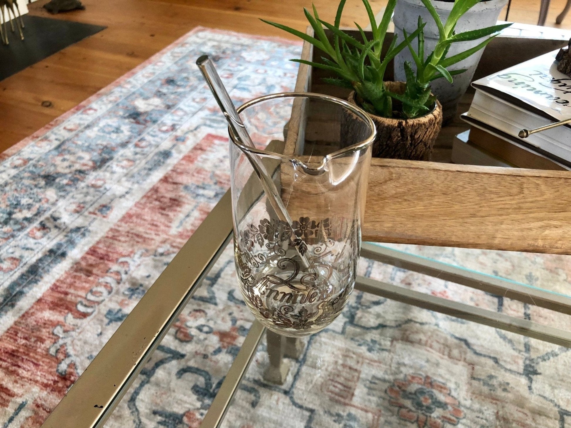 Vintage 25th Anniversary Pitcher with Silver Flower Applique, Swizzle Stick, Silver Rimmed Pitcher, Drinkware, Barware - Loom Vintage
