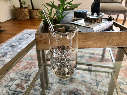 Vintage 25th Anniversary Pitcher with Silver Flower Applique, Swizzle Stick, Silver Rimmed Pitcher, Drinkware, Barware - Loom Vintage