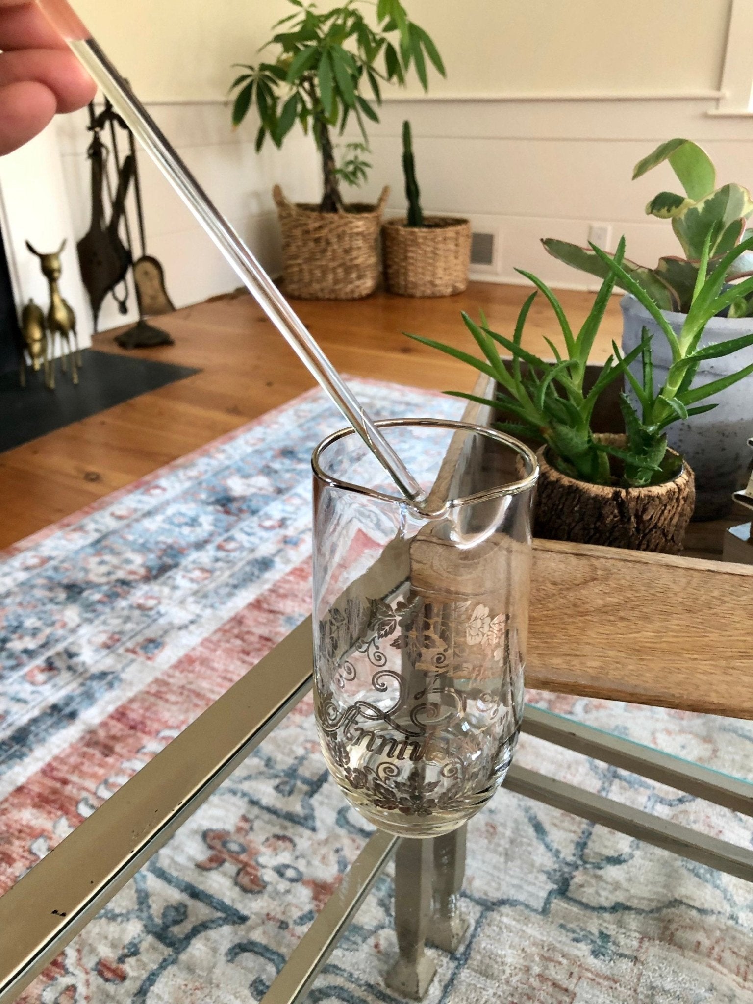 Vintage 25th Anniversary Pitcher with Silver Flower Applique, Swizzle Stick, Silver Rimmed Pitcher, Drinkware, Barware - Loom Vintage