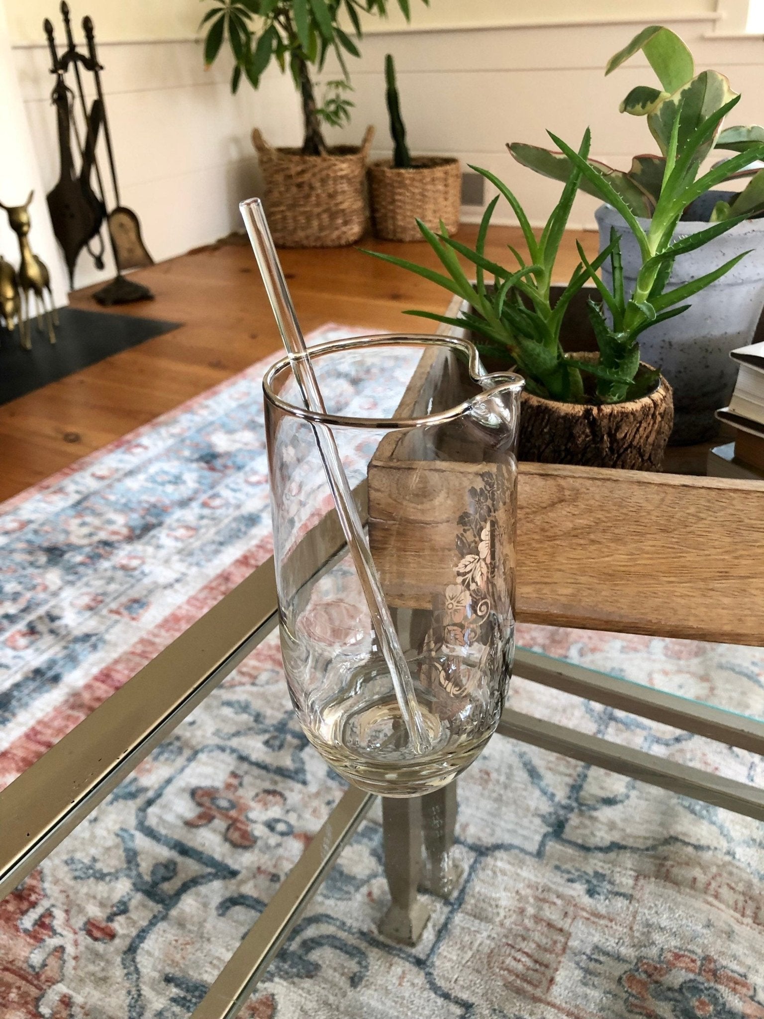 Vintage 25th Anniversary Pitcher with Silver Flower Applique, Swizzle Stick, Silver Rimmed Pitcher, Drinkware, Barware - Loom Vintage