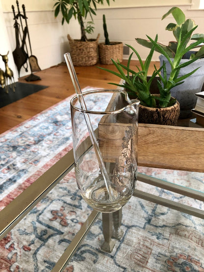 Vintage 25th Anniversary Pitcher with Silver Flower Applique, Swizzle Stick, Silver Rimmed Pitcher, Drinkware, Barware - Loom Vintage