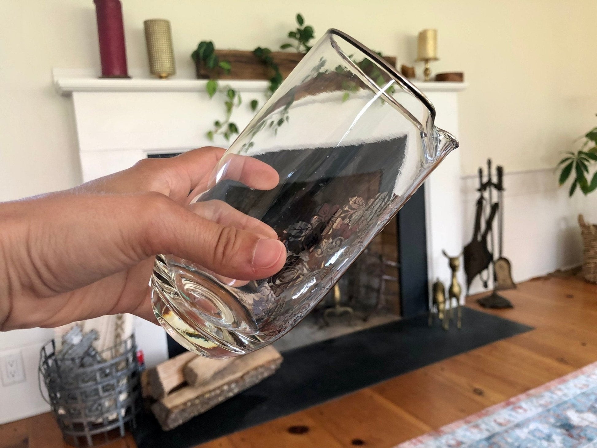 Vintage 25th Anniversary Pitcher with Silver Flower Applique, Swizzle Stick, Silver Rimmed Pitcher, Drinkware, Barware - Loom Vintage