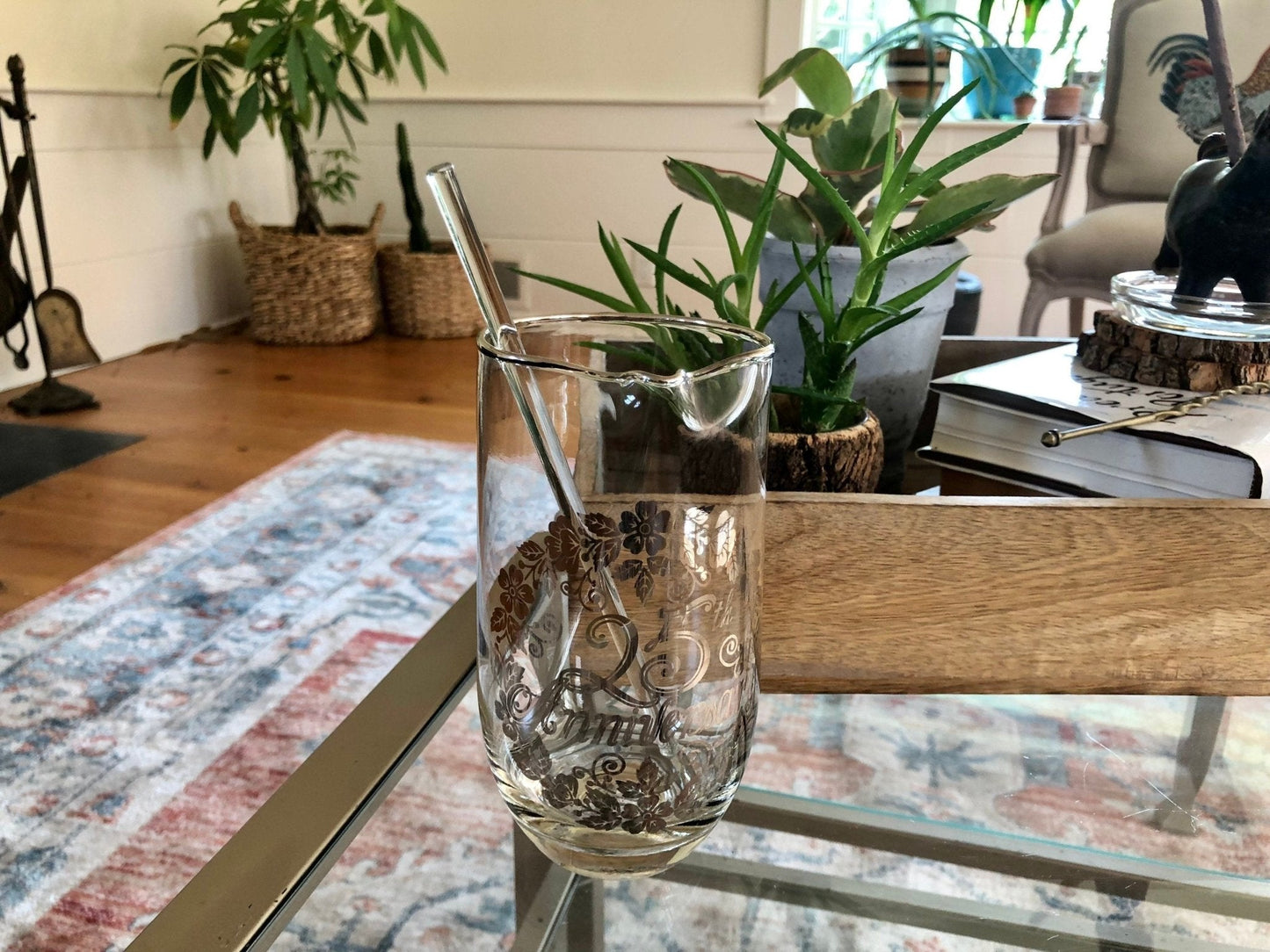 Vintage 25th Anniversary Pitcher with Silver Flower Applique, Swizzle Stick, Silver Rimmed Pitcher, Drinkware, Barware - Loom Vintage