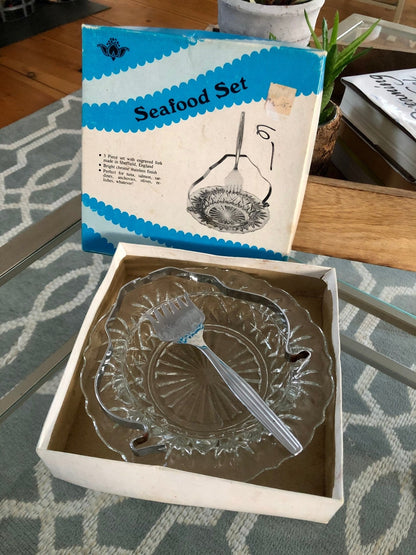 Vintage 3 pc. Seafood Serving Set, Pressed Glass, Crystal, Made in England, Original Box, Holiday Serving, Relish Plate - Loom Vintage
