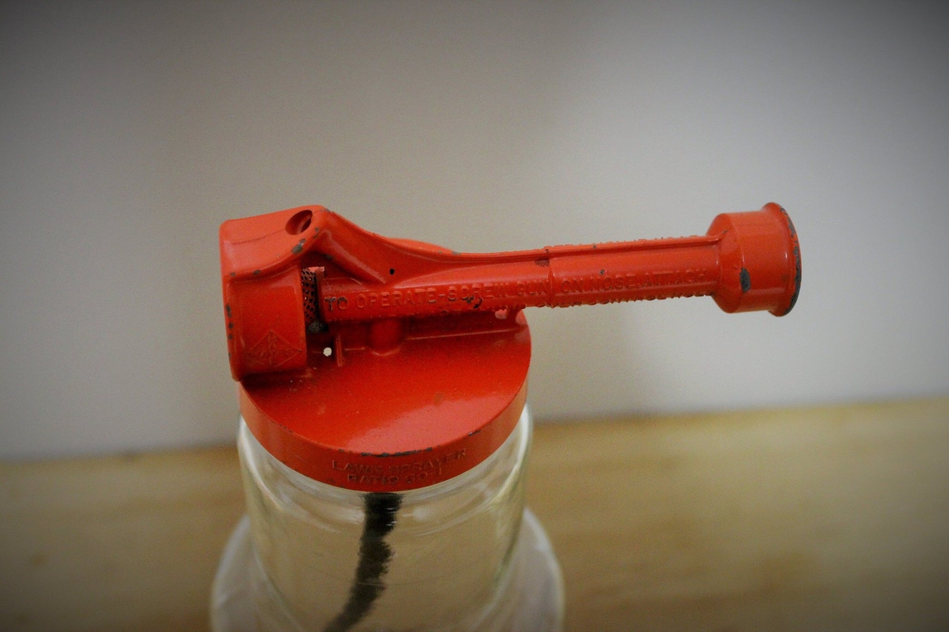 Vintage 50s Orange Red HAYES Lawn Sprayer Gun Metal Sprayer Nozzle Garden, Glass Jar Nozzle - Loom Vintage