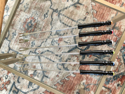 Vintage 6 Piece Set of Fondue Forks, Wooden Black Handle Forks, Retro Flatware, Mid Century Modern, Japan - Loom Vintage
