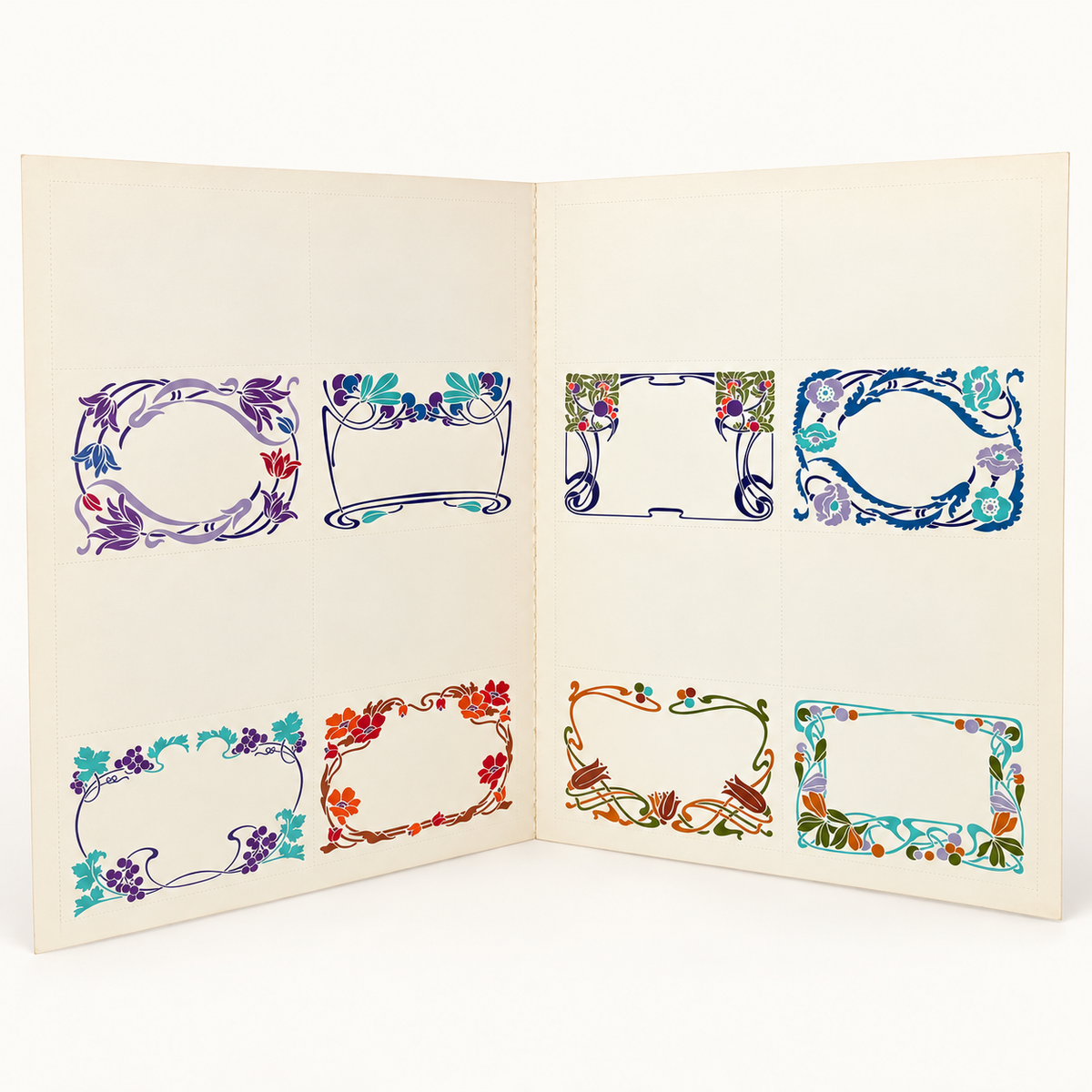 Inside page of Art Nouveau place cards book showing perforated floral place cards, photo 2 of 3