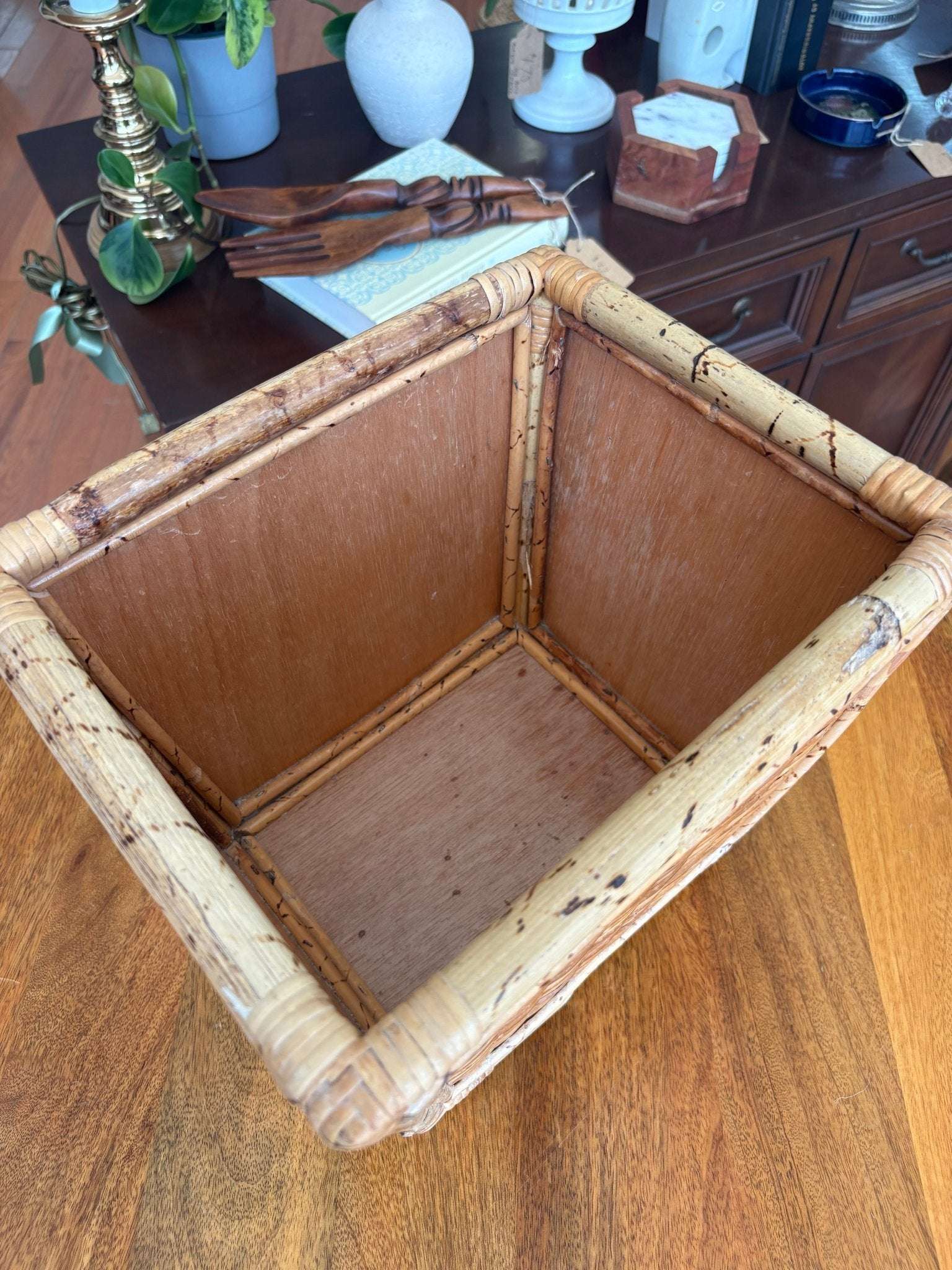 Vintage Bamboo & Wicker Wastebasket or Planter – Boho Mid - Century Charm - Loom Vintage