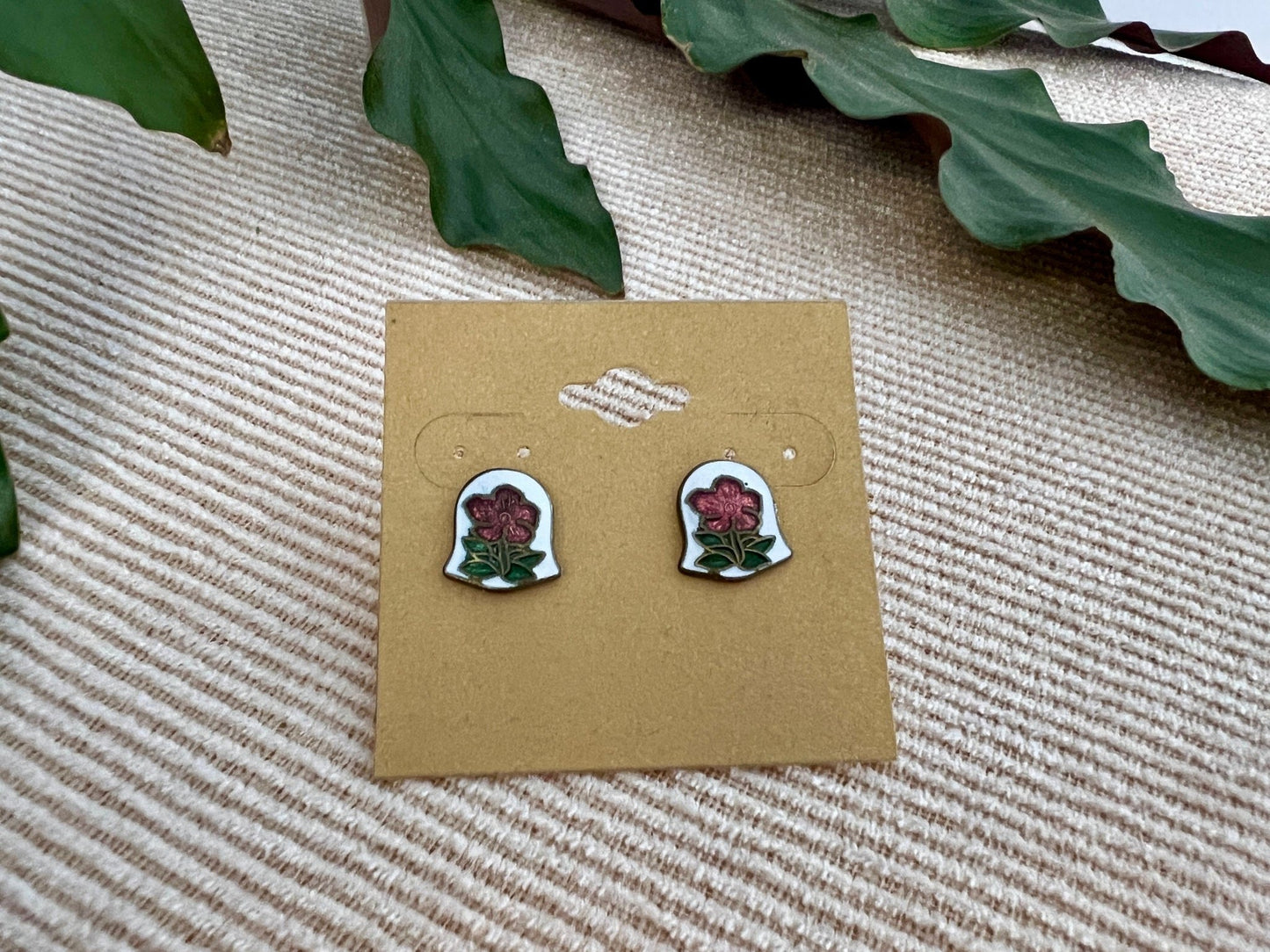 Vintage Bell - Shaped Floral Enamel Stud Earrings - Loom Vintage