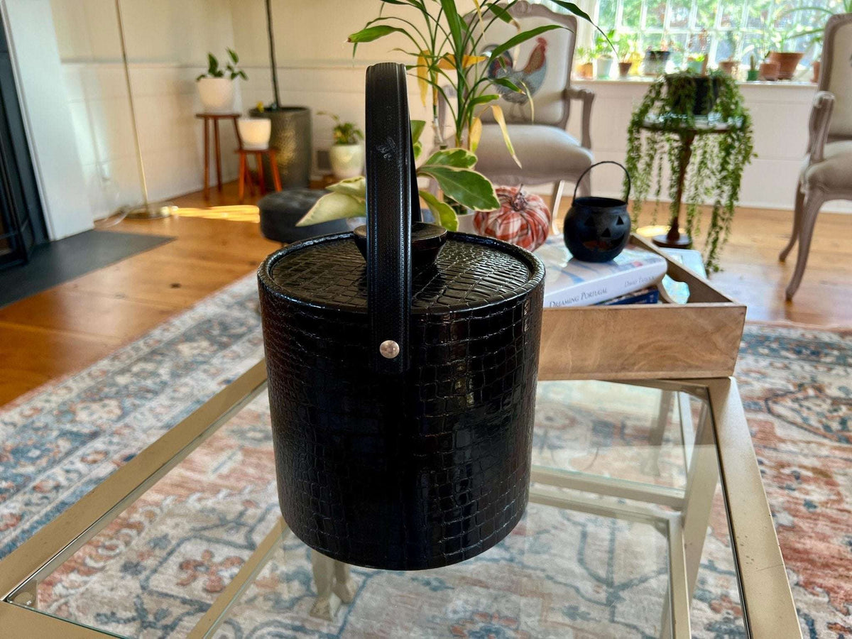 Vintage 1970s black faux crocodile insulated ice bucket with wood knob lid, photo 6 of 10