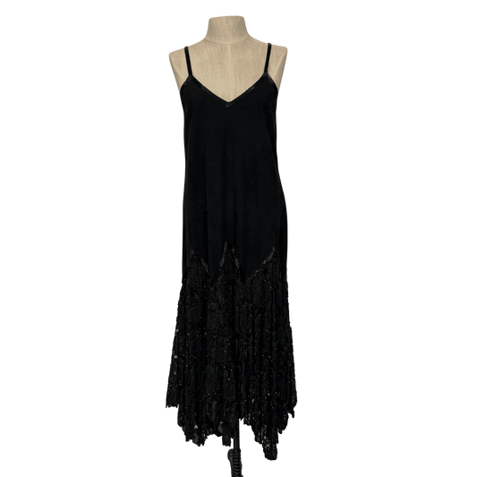 Vintage Black Suede Beaded Hem Slip Dress – Approx Size S/M - Loom Vintage