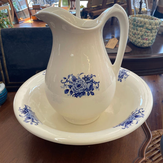 Vintage Blue & White Floral Ceramic Wash Basin and Pitcher Set - Loom Vintage