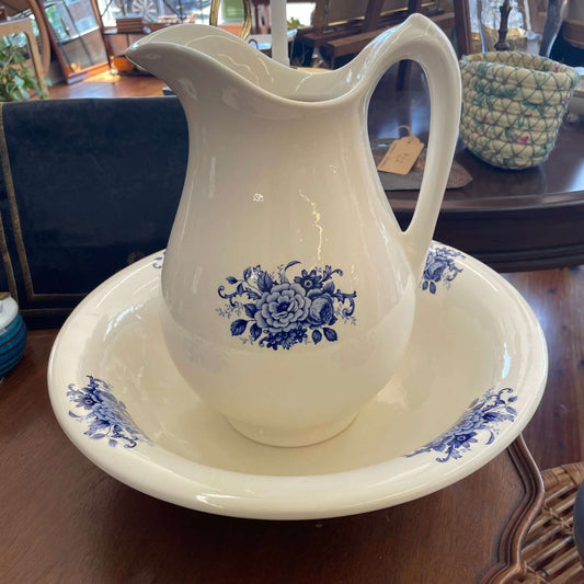 Vintage Blue & White Floral Ceramic Wash Basin and Pitcher Set - Loom Vintage