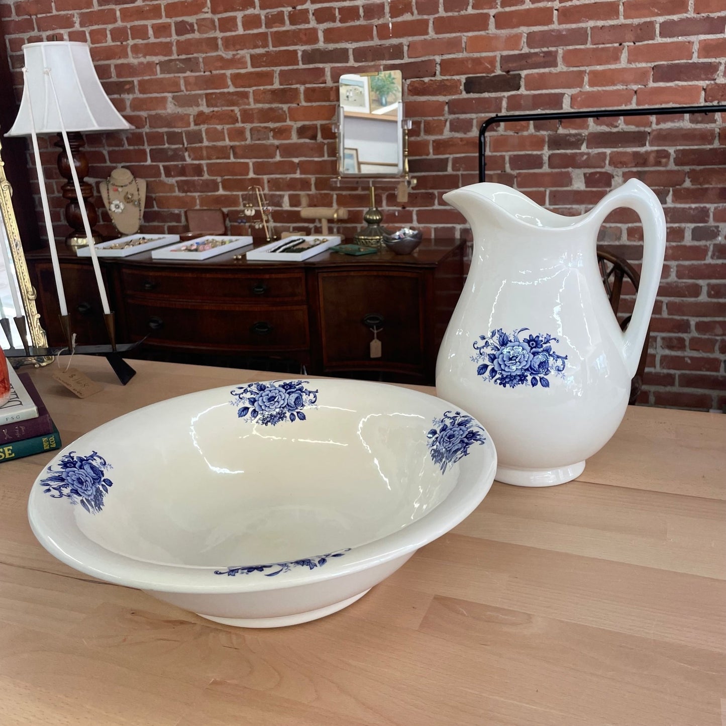 Vintage Blue & White Floral Ceramic Wash Basin and Pitcher Set - Loom Vintage